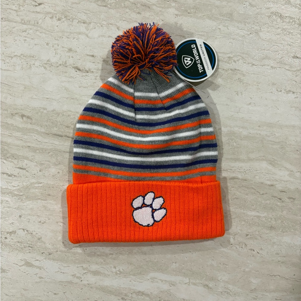 NWT Clemson Tigers Beanie Pom Pom Hat Orange & Purple Unisex